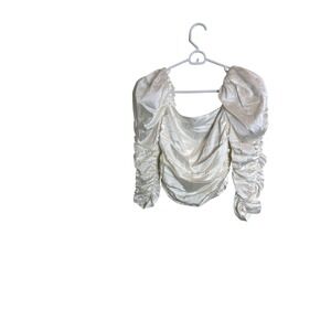 Alice + Olivia Blouse Womens 0 White Satin Ruched Puff Sleeve Crop Top Party